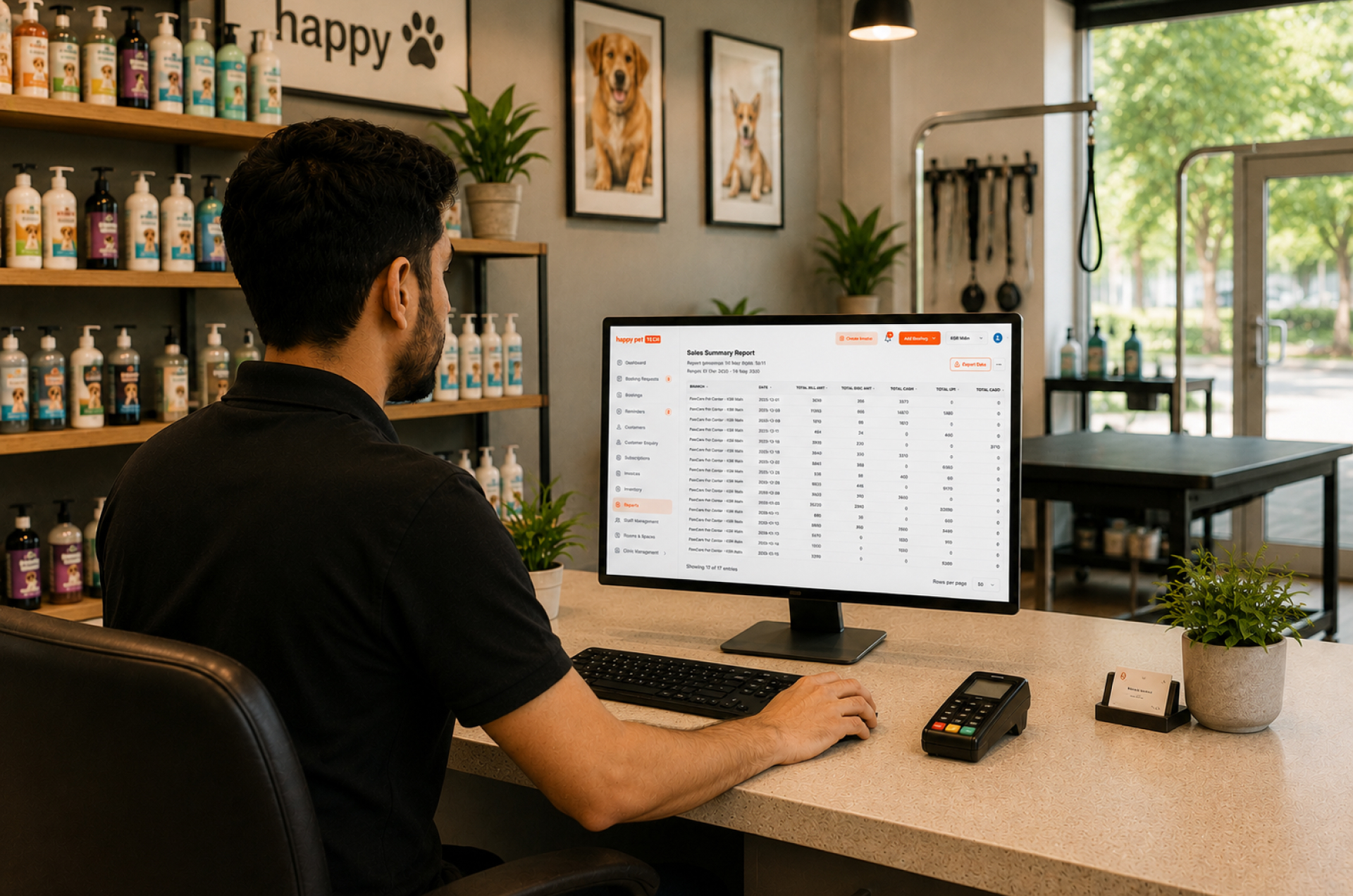 Grooming salon staff checking sales report using Happy Pet Tech 